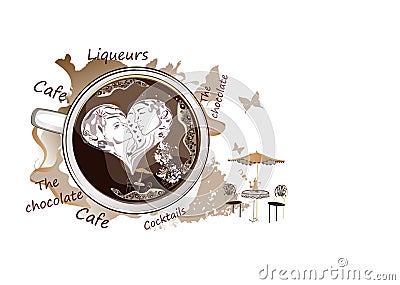 Coffee background with fashion people drinking coffee, coffee cups with abstract waves. Vector Illustration